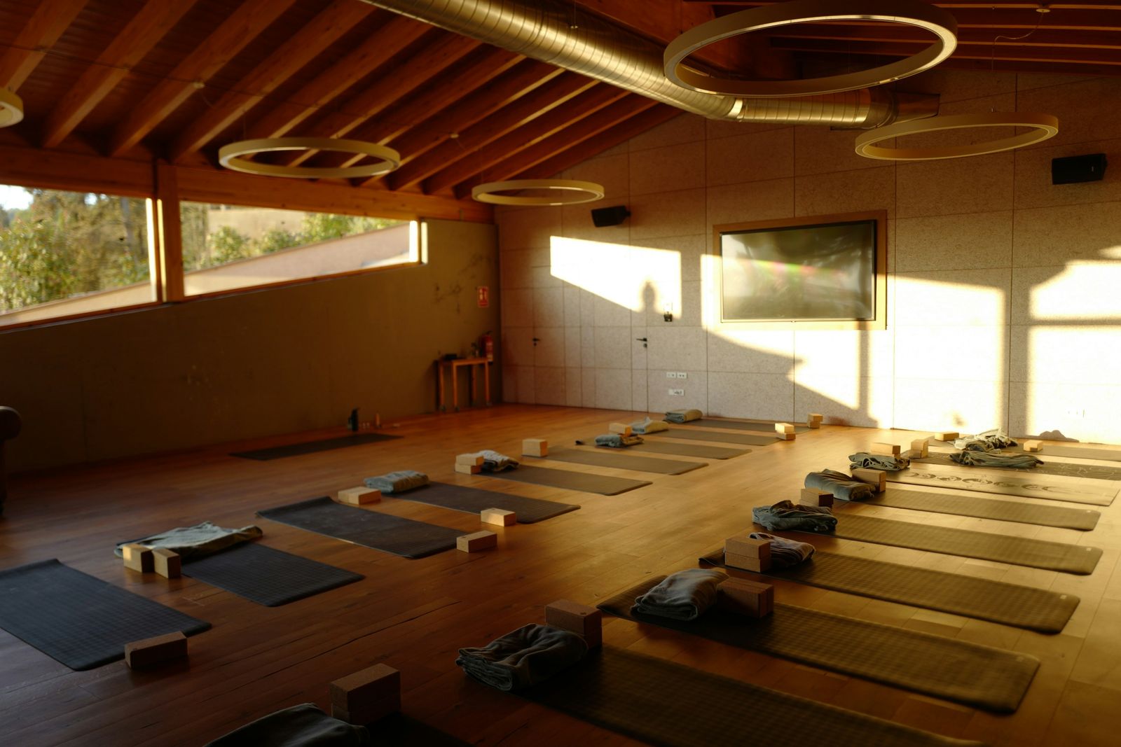 An empty yoga room in late-afternoon light, mats, blocks and folded blankets laid out on a wood floor